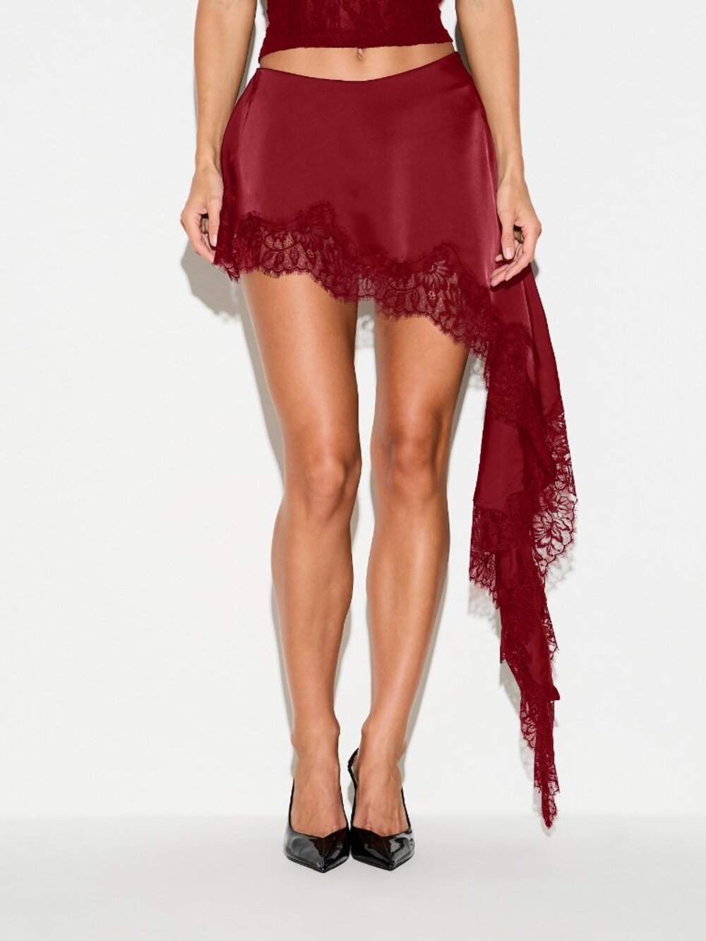 Burgundy Party Women's Contrast Lace Asymmetrical Flared Mini Skirt